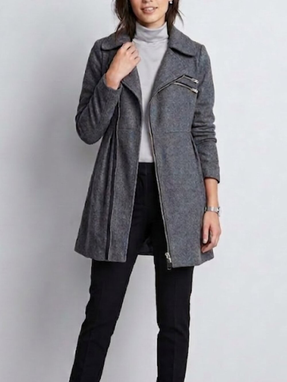 Roxy Long Coat Moto Jacket Womens Small Trench pockets zippers wool blend